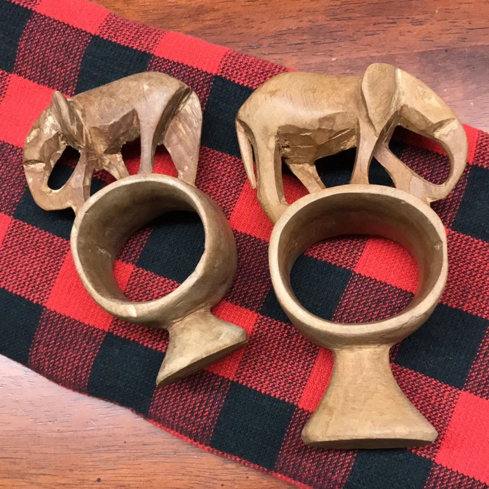 Vintage Hand Carved Wooden Elephant Napkin Rings